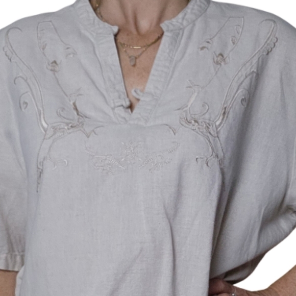 Linen blend Box shirt with embroidery Short sleeves cream color Size L UTCOCO - Picture 5 of 12